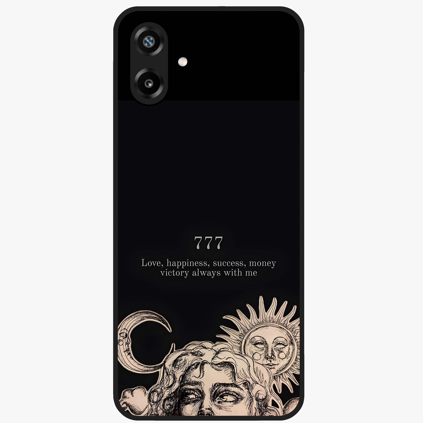 Mystic Victory Aura Glass Case showing flat back view with victory symbol artwork and glossy glass finish.