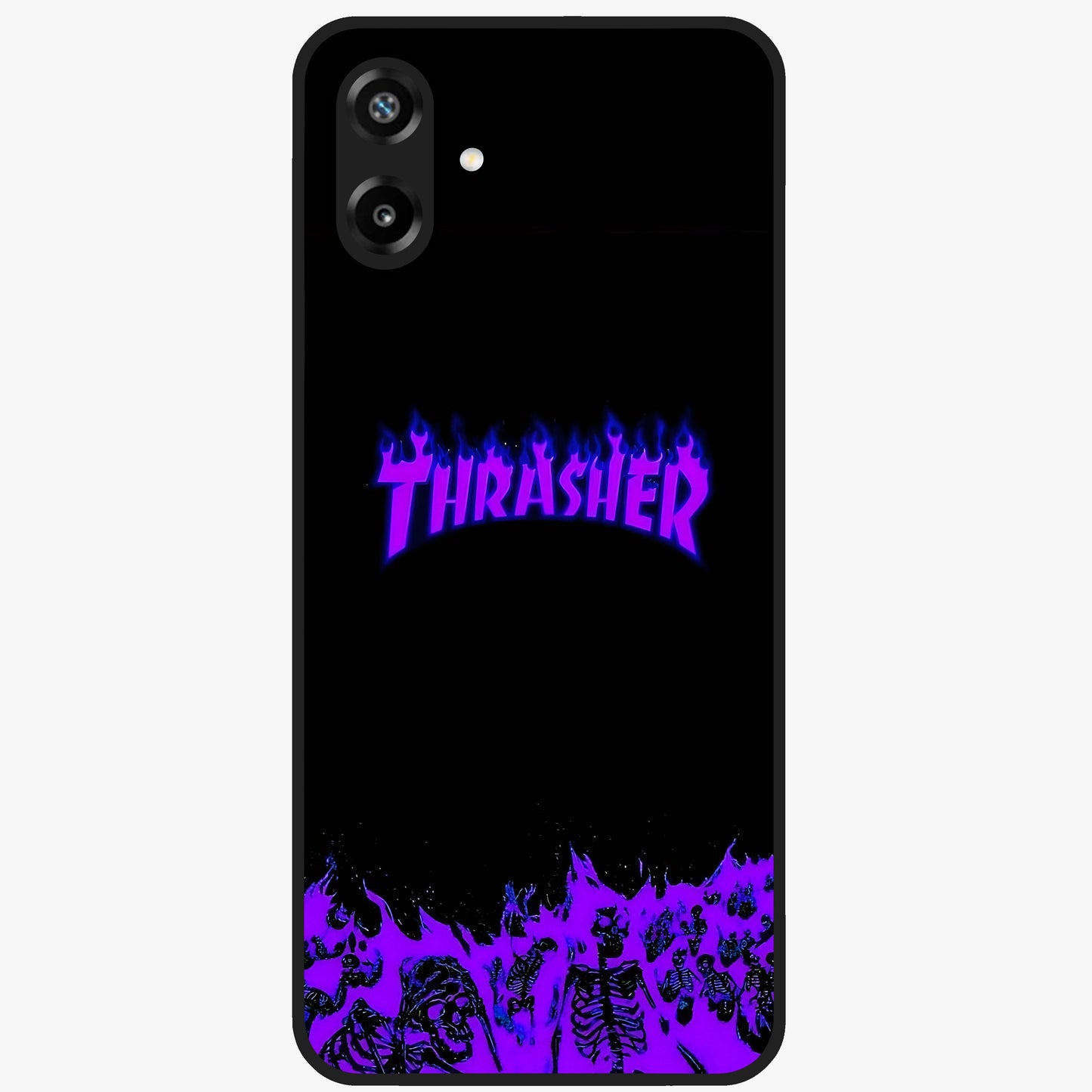 Neon Flame Riot Glass Case showing flat back view with neon flame artwork and glossy glass finish.