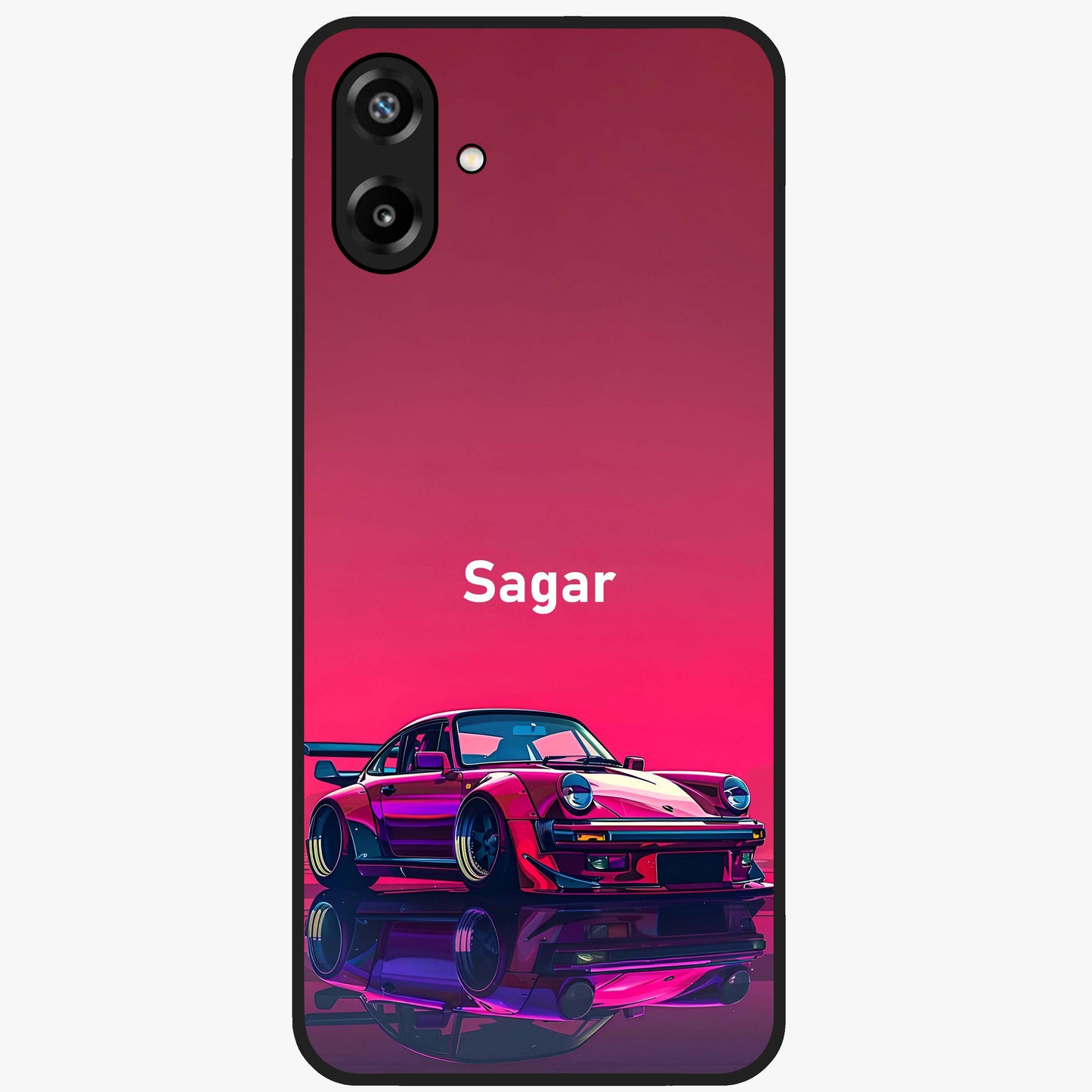 Neon Pink Porsche Glass Case showing flat back view with stylish sports car artwork and glossy glass finish.