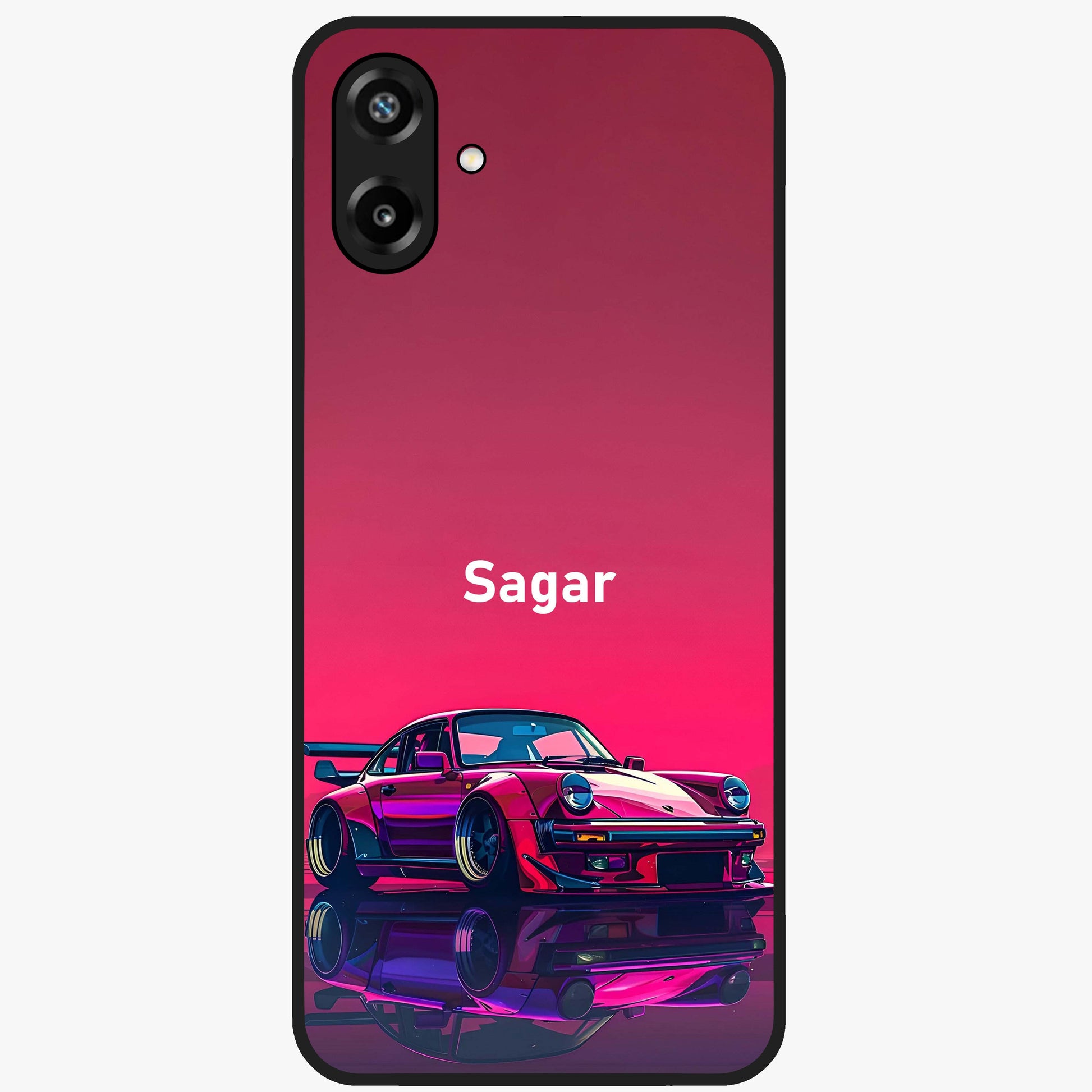 Neon Pink Porsche Glass Case showing flat back view with stylish sports car artwork and glossy glass finish.