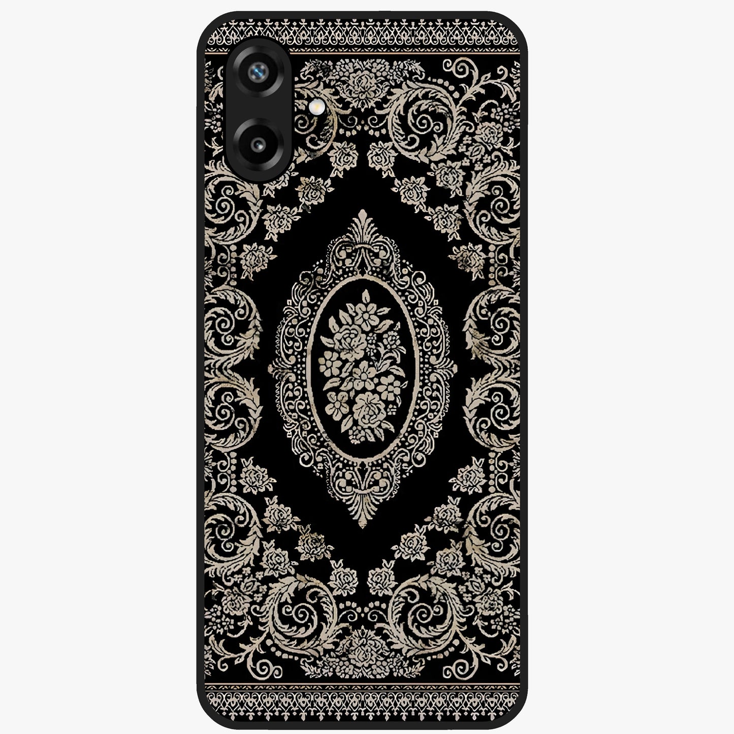 Noir Bloom Elegance Glass Case showing flat back view with elegant dark floral artwork and glossy glass finish.