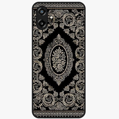 Noir Bloom Elegance Glass Case showing flat back view with elegant dark floral artwork and glossy glass finish.