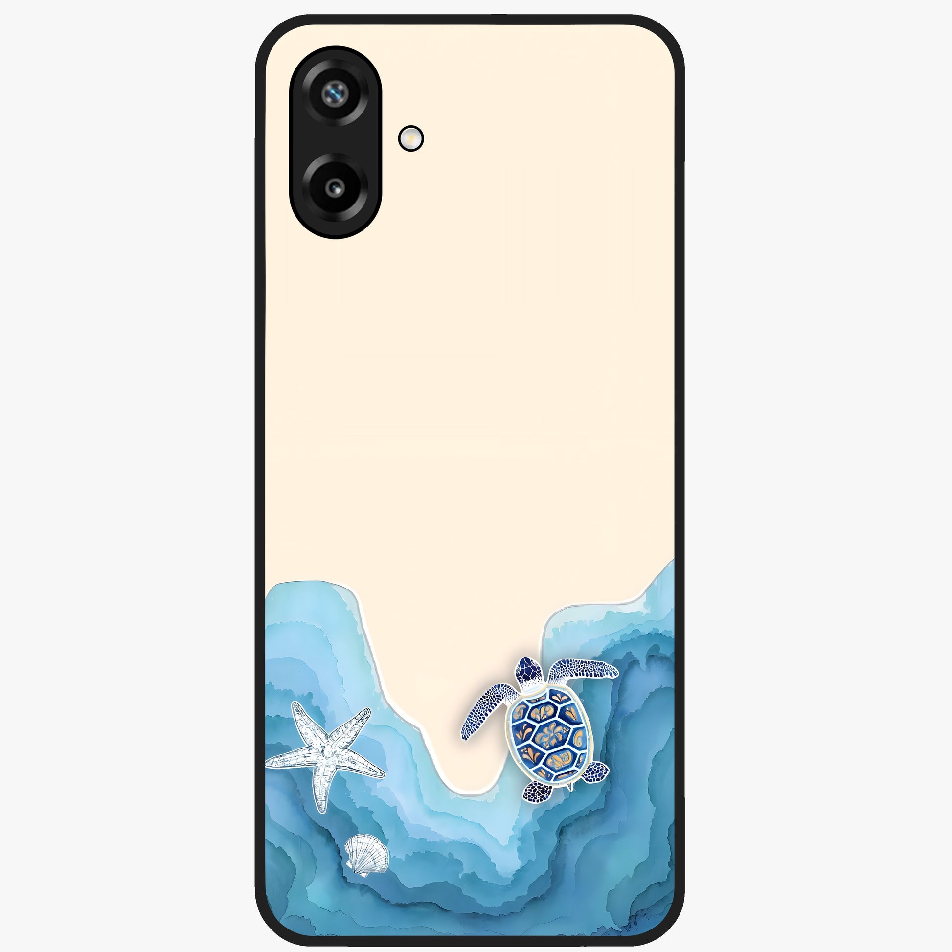 Ocean Drift Turtle Glass Case showing flat back view with sea turtle artwork and glossy glass finish.