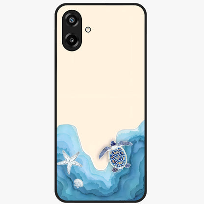 Ocean Drift Turtle Glass Case showing flat back view with sea turtle artwork and glossy glass finish.