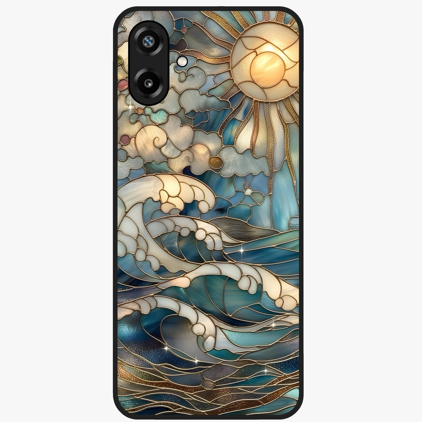 Oceanic Stained Printed Glass Case showing flat back view with ocean inspired stained pattern artwork and glossy glass finish.