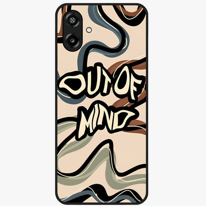 Out Of Mind Glass Case showing flat back view with expressive typography artwork and glossy glass finish.