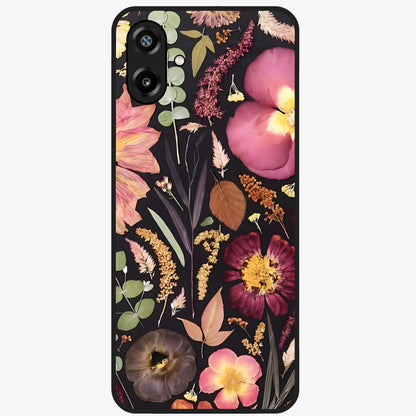 Petal Dream Tapestry Glass Case showing flat back view with intricate floral tapestry artwork and glossy glass finish.