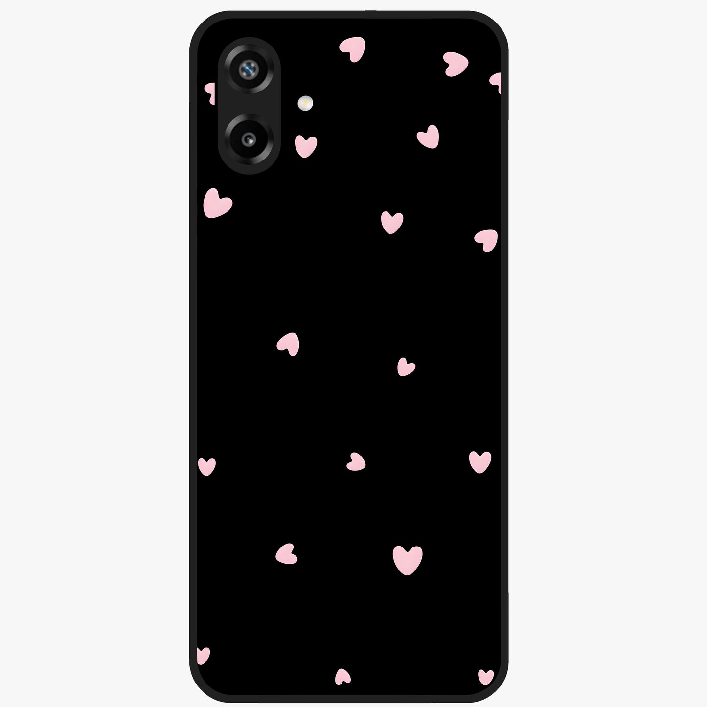 Pink Love Drops Glass Case showing flat back view with playful pink heart drops artwork and glossy glass finish.