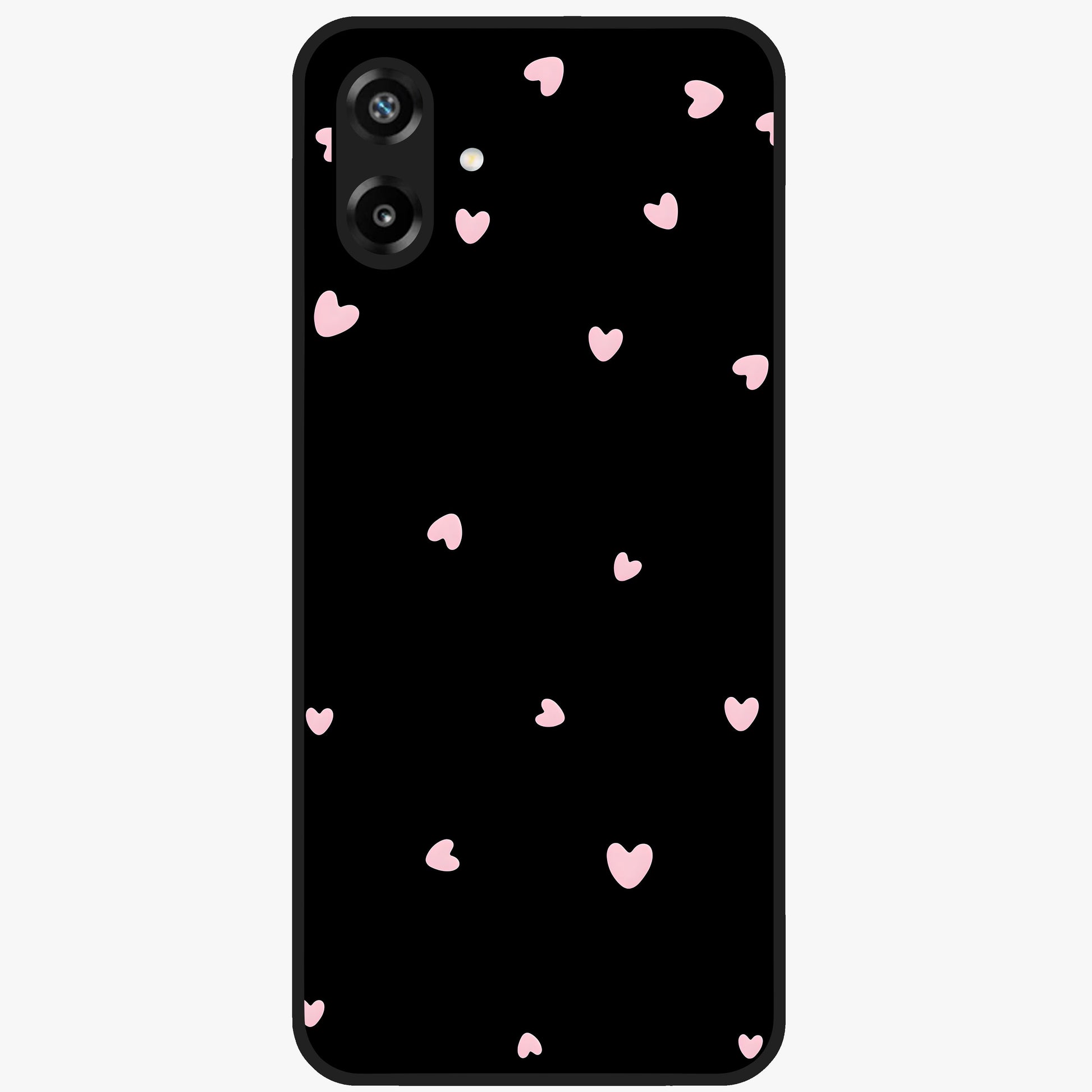 Pink Love Drops Glass Case showing flat back view with playful pink heart drops artwork and glossy glass finish.