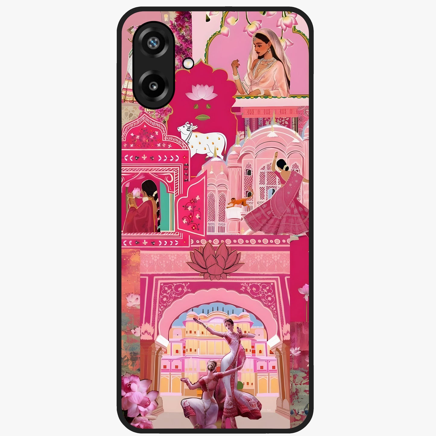 Pink Palace Muse Glass Case showing flat back view with elegant palace inspired artwork and glossy glass finish.