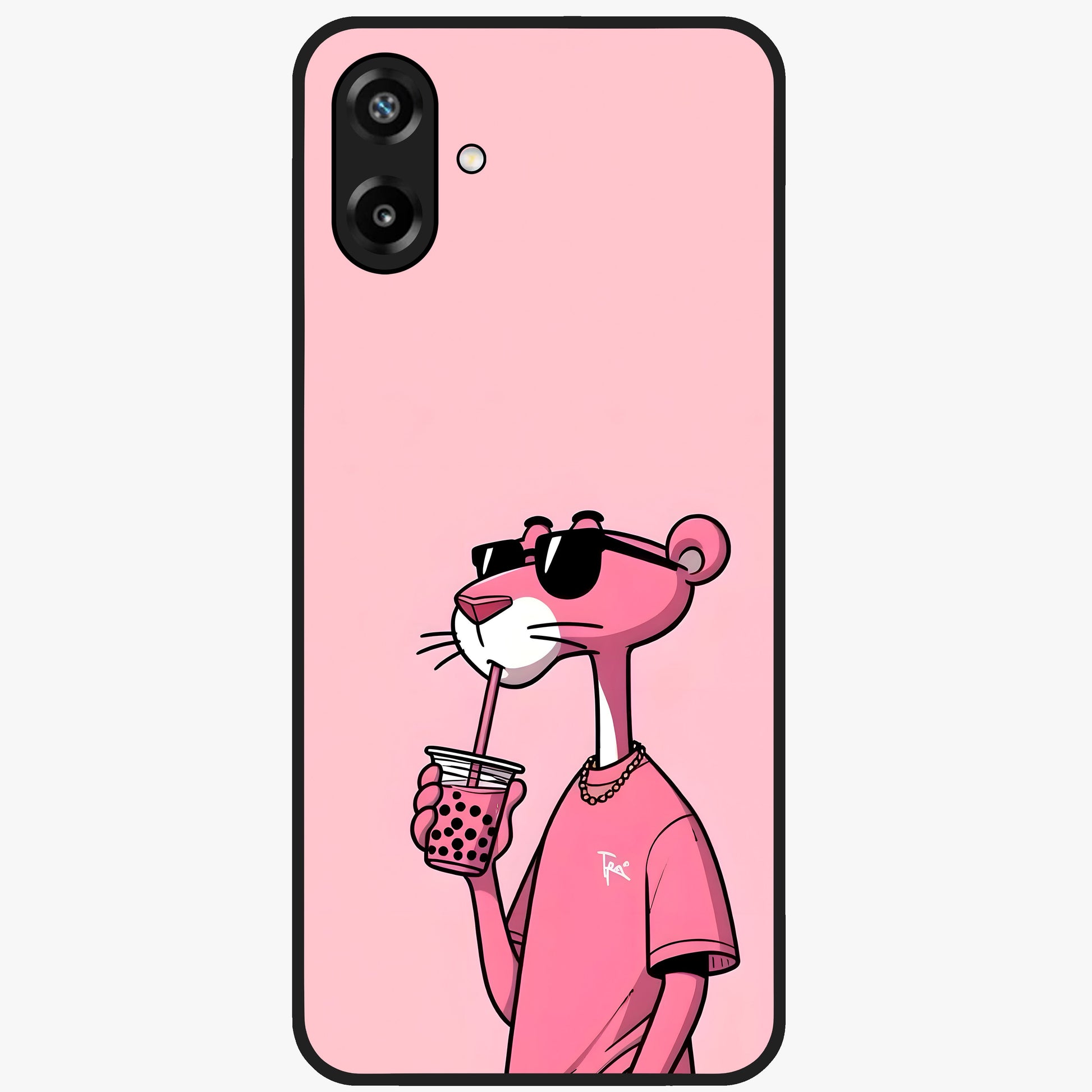 Pink Panther Glass Case showing flat back view with iconic pink panther artwork and glossy glass finish.