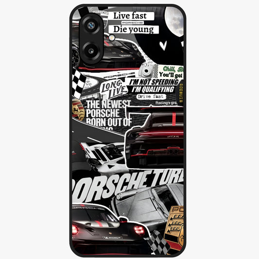 Porsche Racing Collage Glass Case showing flat back view with sports car racing collage artwork and glossy glass finish.