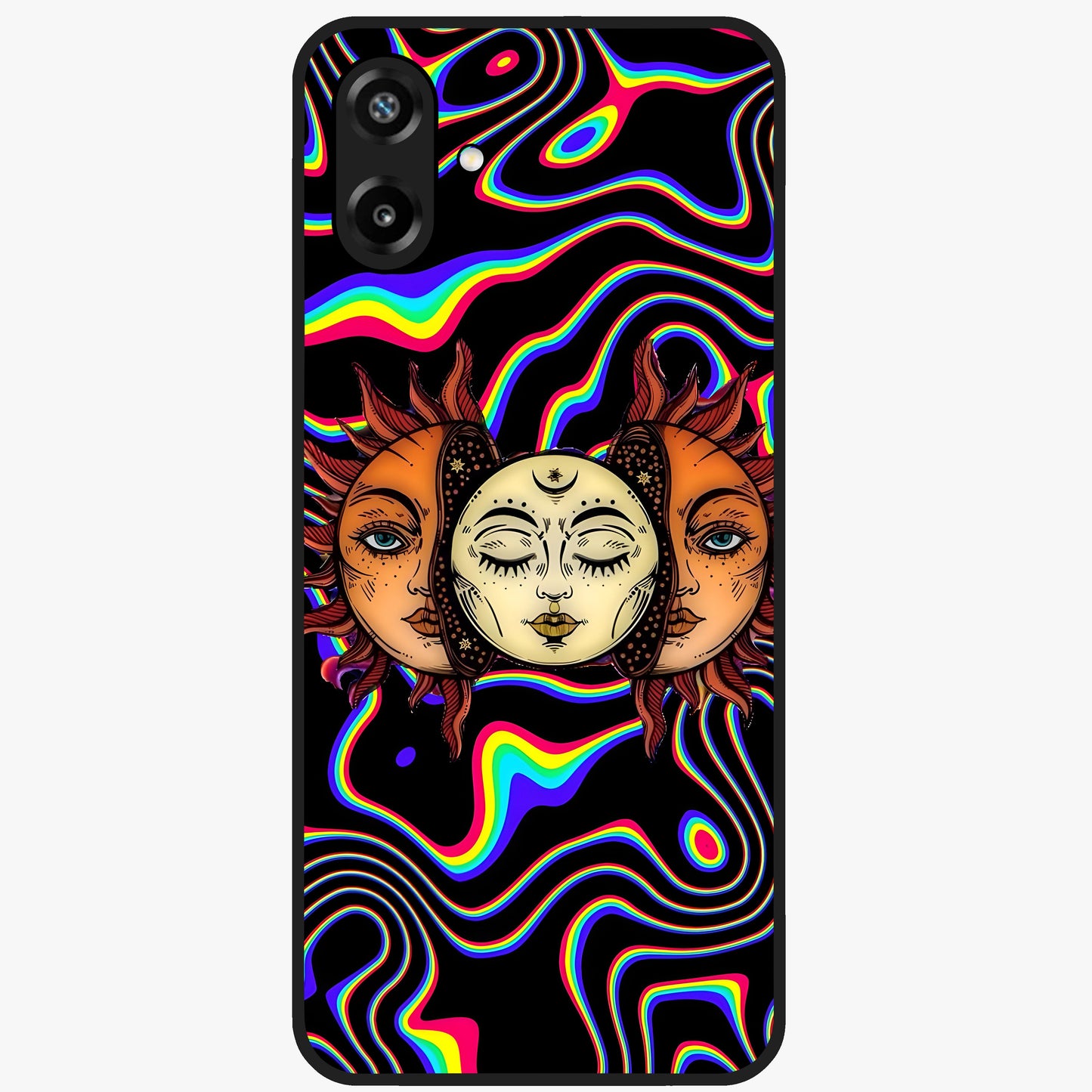 Psychedelic Sun Glass Case showing flat back view with colorful psychedelic sun artwork and glossy glass finish.