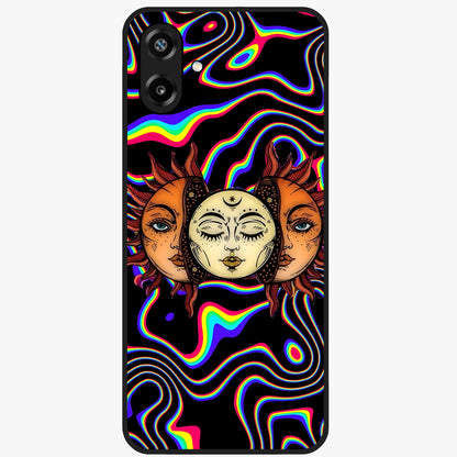 Psychedelic Sun Glass Case showing flat back view with colorful psychedelic sun artwork and glossy glass finish.