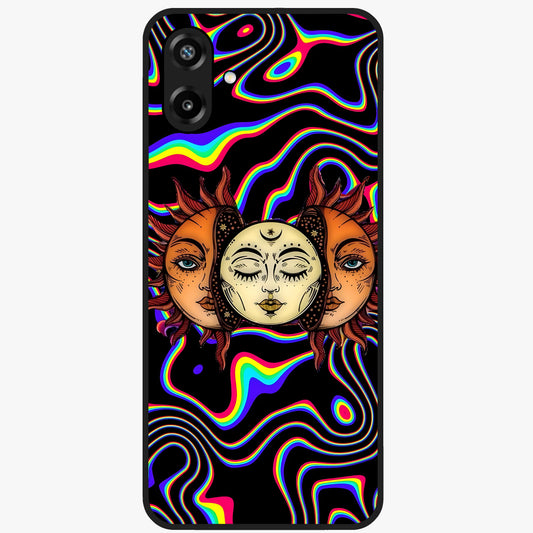Psychedelic Sun Glass Case showing flat back view with colorful psychedelic sun artwork and glossy glass finish.