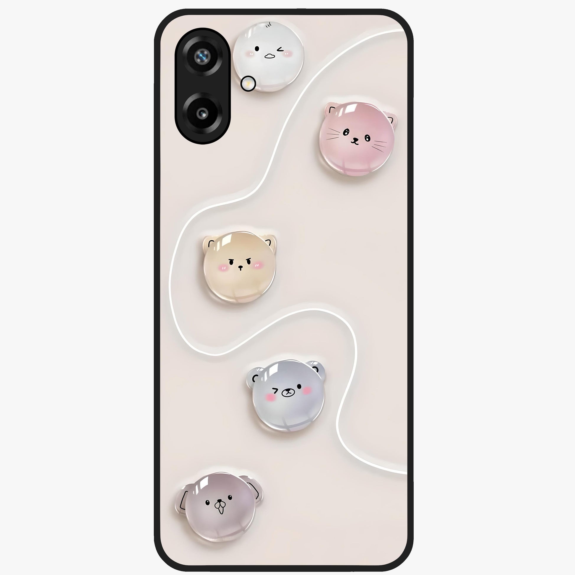 Puffy Face Parade Glass Case showing flat back view with cute puffy character faces artwork and glossy glass finish.