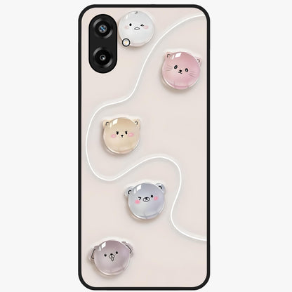 Puffy Face Parade Glass Case showing flat back view with cute puffy character faces artwork and glossy glass finish.
