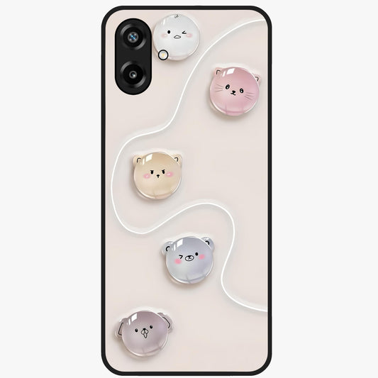 Puffy Face Parade Glass Case showing flat back view with cute puffy character faces artwork and glossy glass finish.