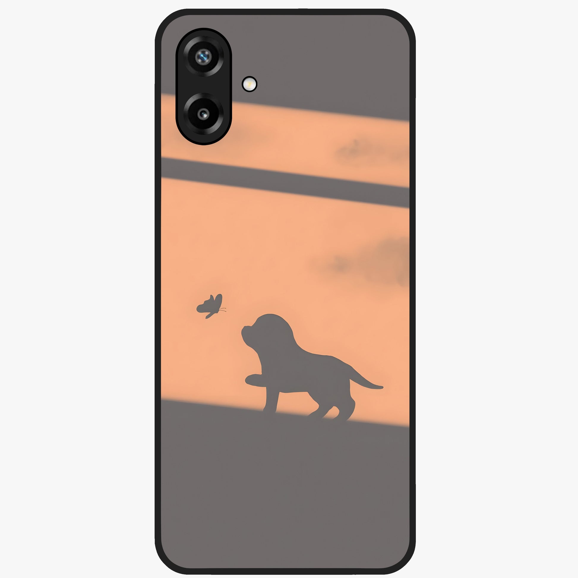 Puppy Shadow Art Glass Case showing flat back view with cute puppy shadow style artwork and glossy glass finish.