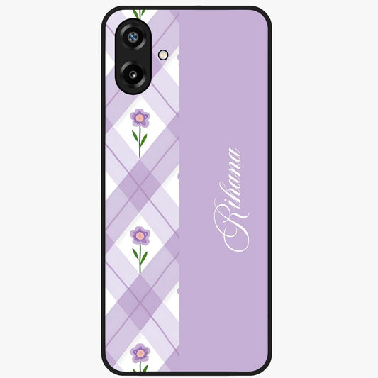 Purple Diamond Floral Glass Case showing flat back view with diamond shaped floral artwork and glossy glass finish.