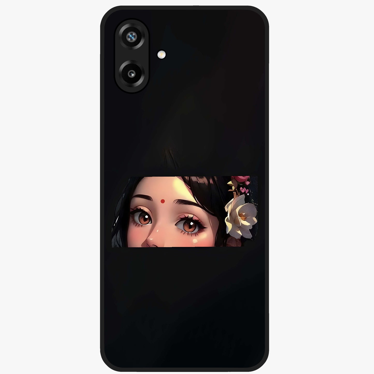 Radha Divine Embrace Glass Case showing flat back view with devotional Radha artwork and glossy glass finish.