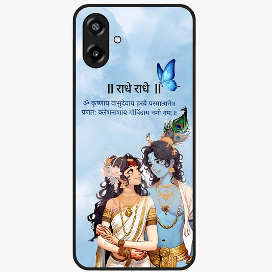 Radha Krishna Eternal Glass Case showing flat back view with Radha Krishna devotional artwork and glossy glass finish.