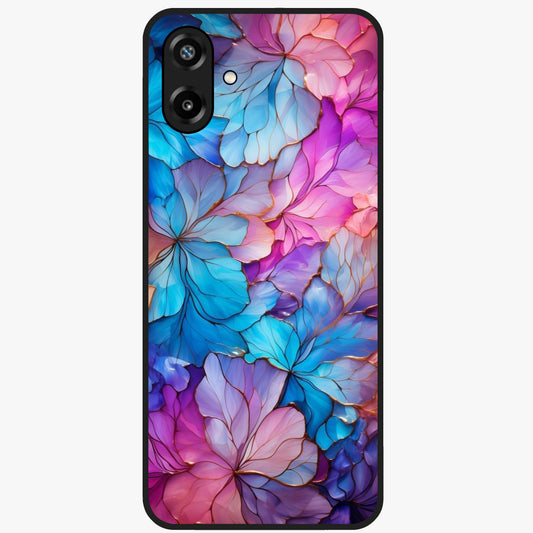 Radiant Floral Whirl Glass Case showing flat back view with swirling floral artwork and glossy glass finish.