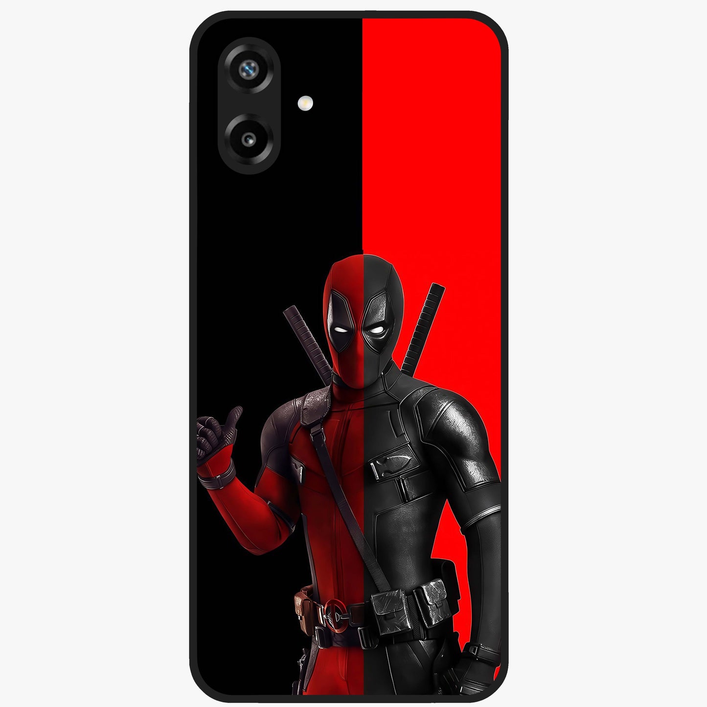 Red & Black Deadpool Theme Glass Case showing flat back view with bold comic inspired artwork and glossy glass finish.