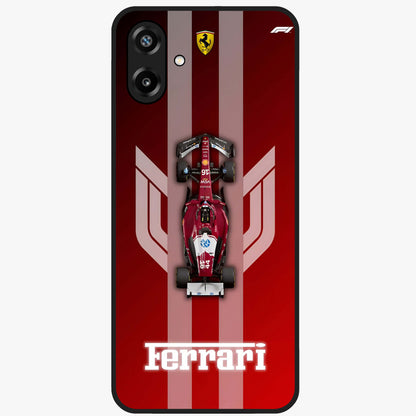 Red Ferrari F1 Vertical Glass Case showing flat back view with sleek Formula racing car artwork and glossy glass finish.