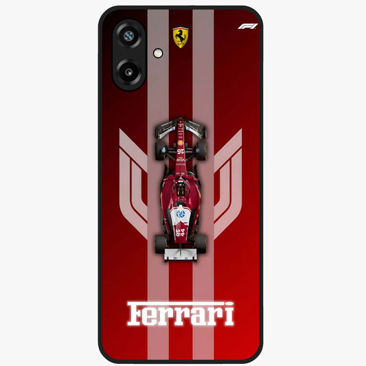 Red Ferrari F1 Vertical Glass Case showing flat back view with sleek Formula racing car artwork and glossy glass finish.