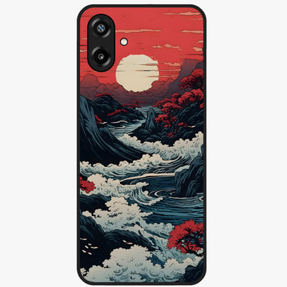 Red Sunset Scenery Glass Case showing flat back view with vibrant sunset landscape artwork and glossy glass finish.