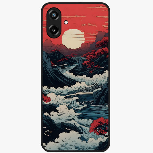 Red Sunset Scenery Glass Case showing flat back view with vibrant sunset landscape artwork and glossy glass finish.