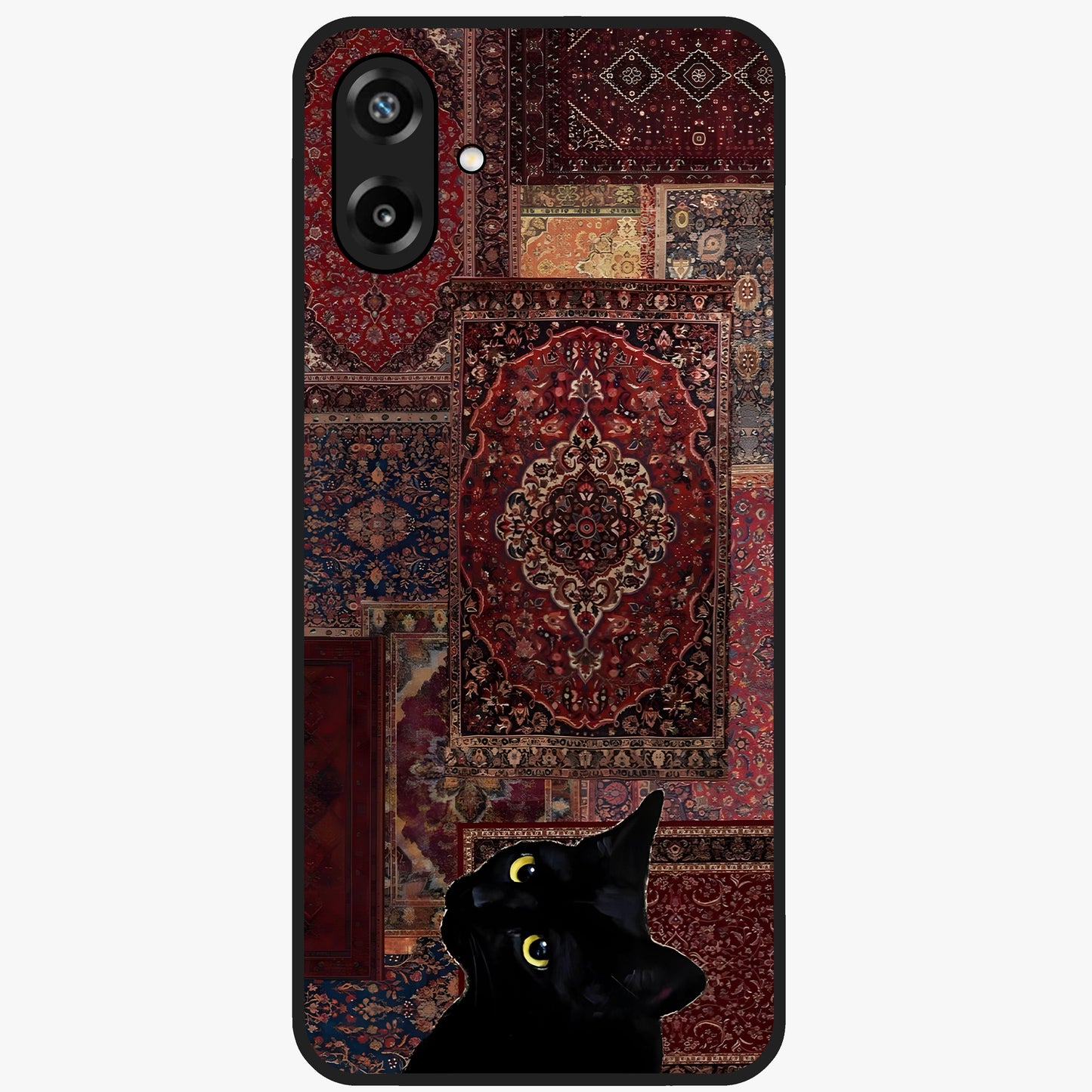 Regal Magic Cat Apple Glass Case showing flat back view with magical cat artwork holding apple and glossy glass finish.