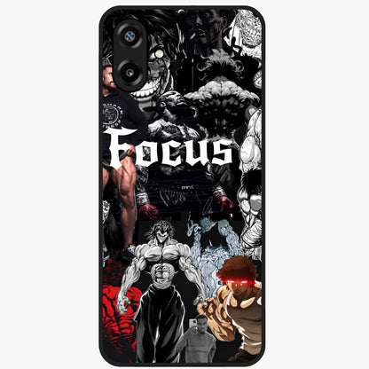 Relentless Power Focus Glass Case showing flat back view with motivational typography artwork and glossy glass finish.