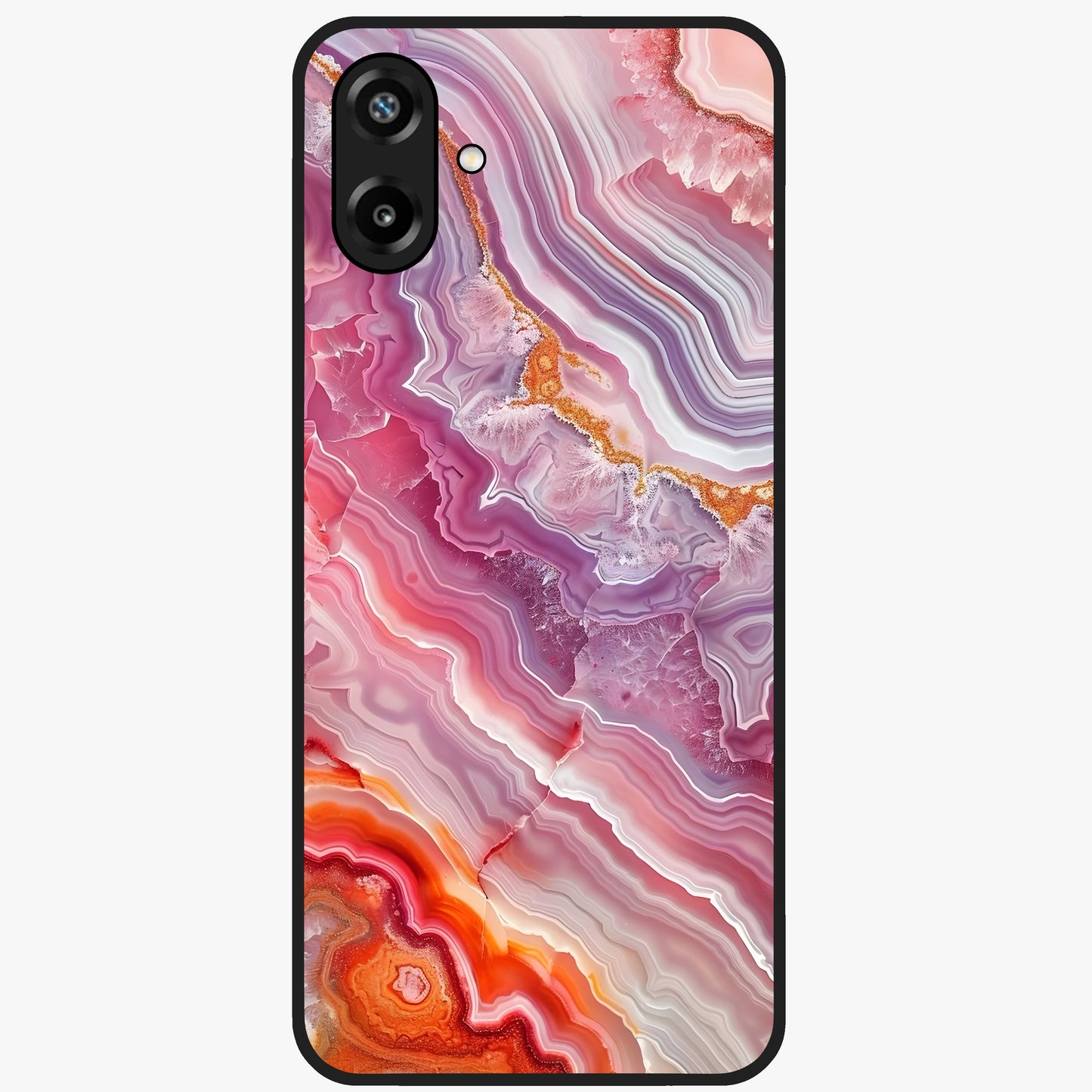 Rose Quartz Marble Glass Case showing flat back view with pink marble quartz texture artwork and glossy glass finish.
