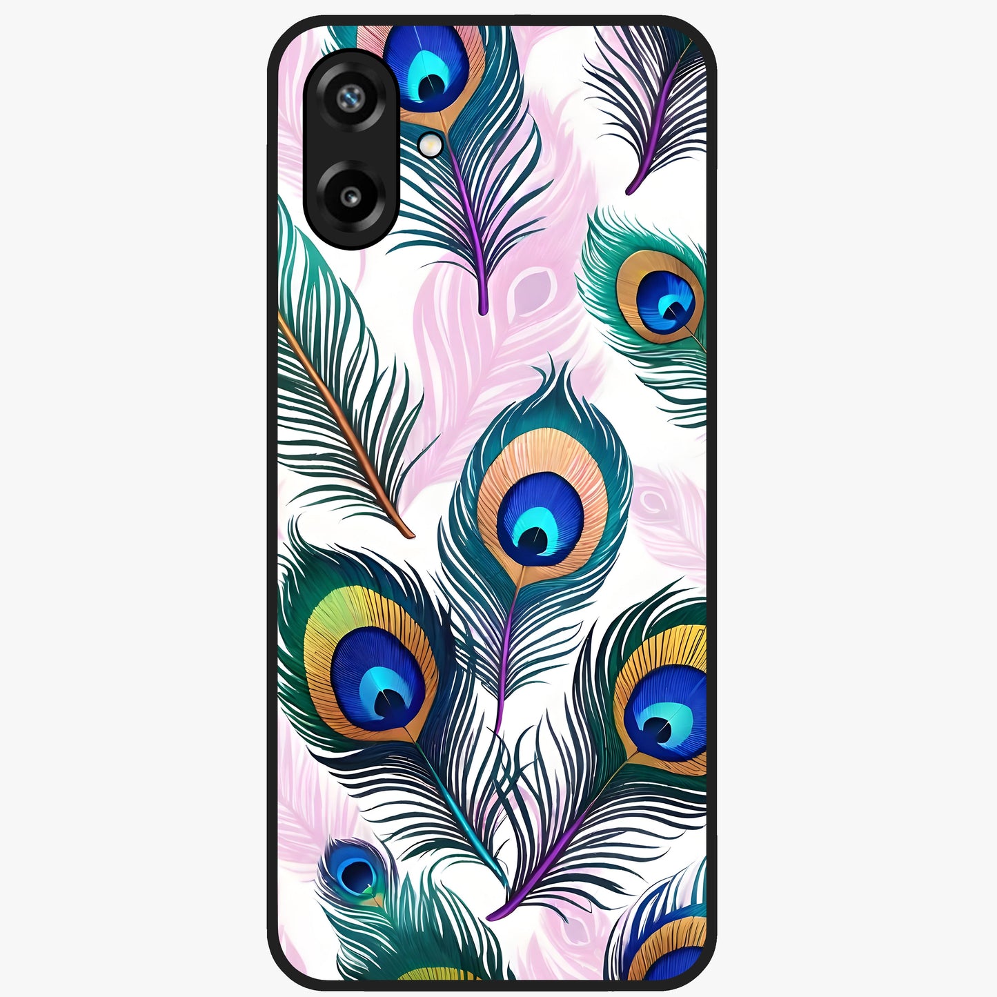 Royal Peacock Feathers Glass Case showing flat back view with colorful peacock feather artwork and glossy glass finish.