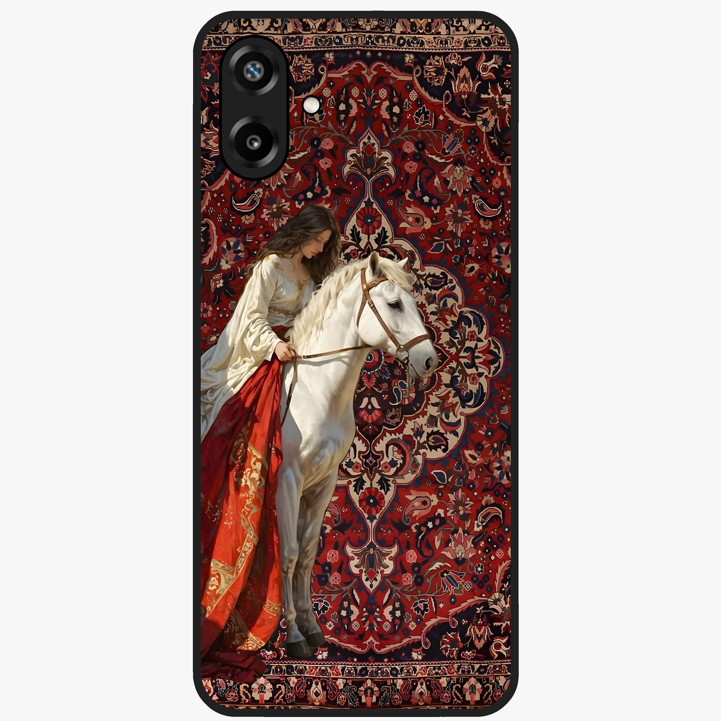 Royal Rider Tapestry Glass Case showing flat back view with majestic horse rider tapestry artwork and glossy glass finish.