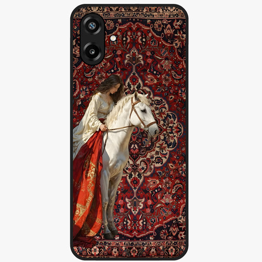 Royal Rider Tapestry Glass Case showing flat back view with majestic horse rider tapestry artwork and glossy glass finish.