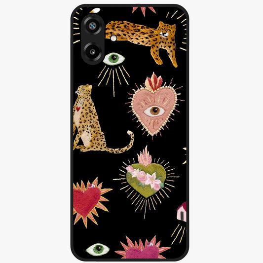 Sacred Jungle Heart Glass Case showing flat back view with jungle inspired heart artwork and glossy glass finish.
