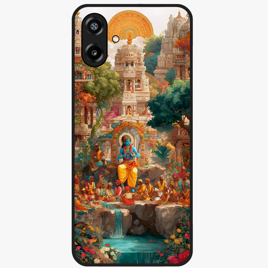 Sacred Sunlight Gods Glass Case showing flat back view with divine sunlight themed artwork and glossy glass finish.