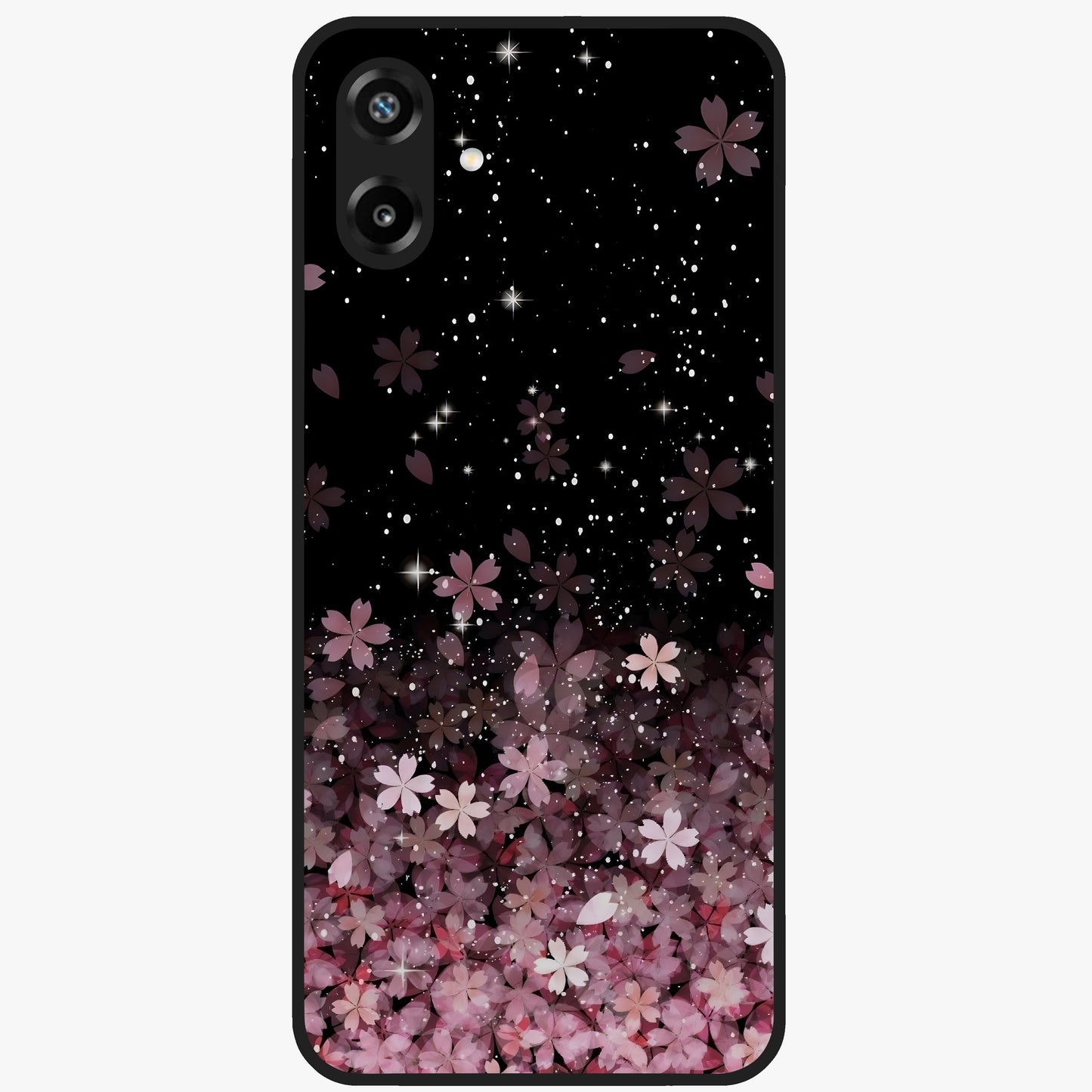 Small Starry Flowers Glass Case showing flat back view with delicate starry floral artwork and glossy glass finish.
