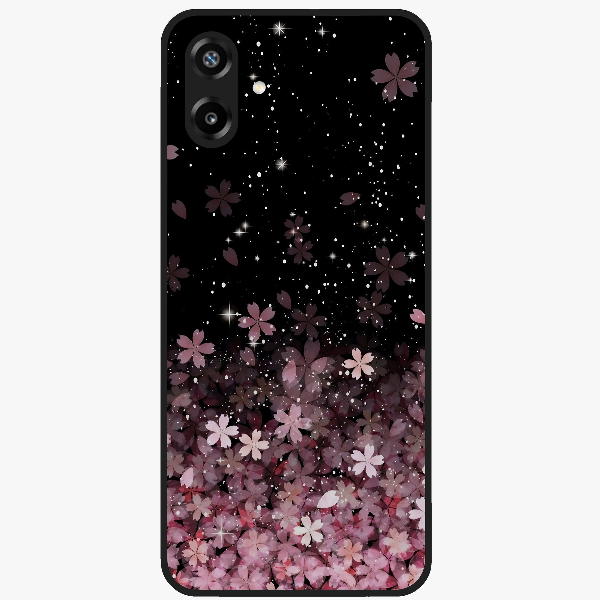 Small Starry Flowers Glass Case showing flat back view with delicate starry floral artwork and glossy glass finish.