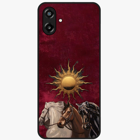 Solar Riders Glass Case showing flat back view with dynamic rider themed artwork and glossy glass finish.