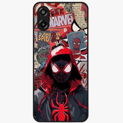 Spider Collage Street Glass Case showing flat back view with vibrant superhero collage artwork and glossy glass finish.