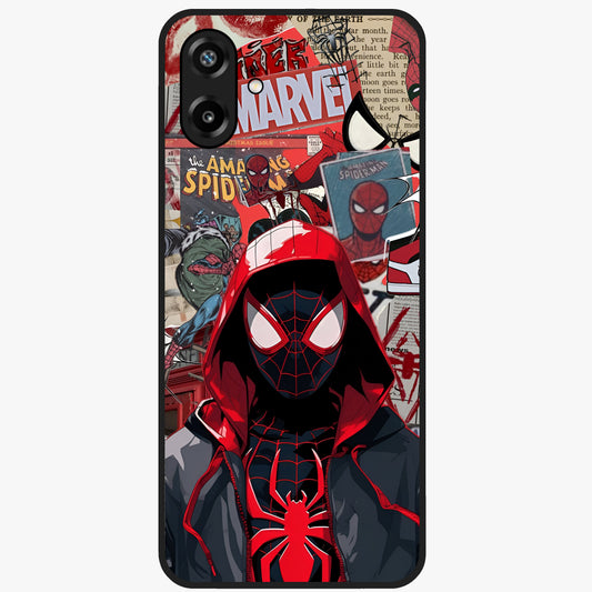 Spider Collage Street Glass Case showing flat back view with vibrant superhero collage artwork and glossy glass finish.