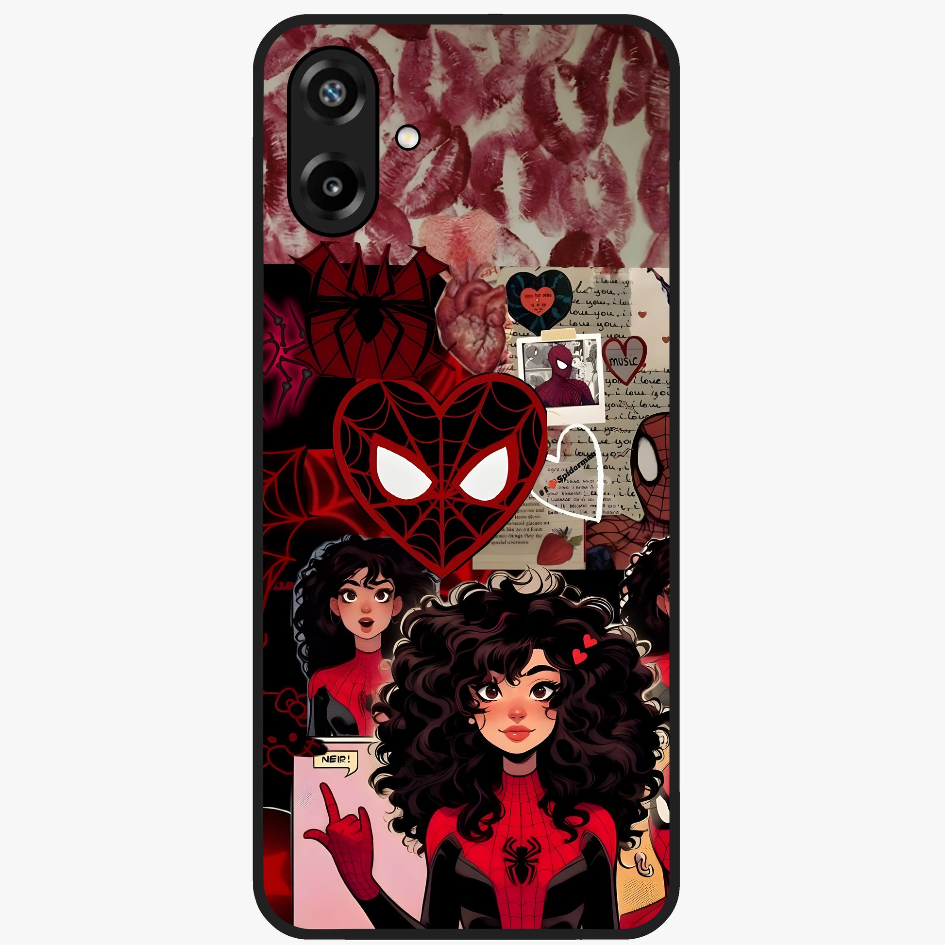 Spider Love Story Glass Case showing flat back view with romantic superhero themed artwork and glossy glass finish.