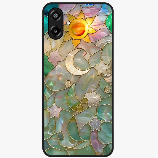Stained Sunrise Glow Glass Case showing flat back view with glowing sunrise stained pattern artwork and glossy glass finish.