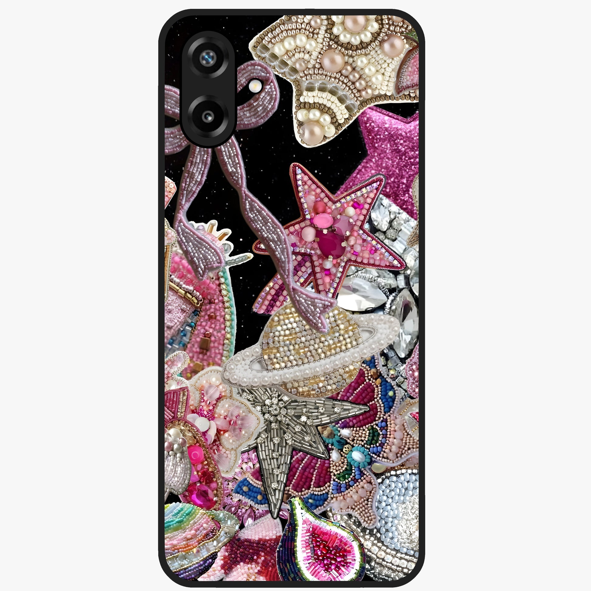 Starlit Jewel Dream Glass Case showing flat back view with sparkling jewel and star themed artwork and glossy glass finish.