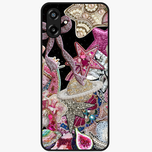 Starlit Jewel Dream Glass Case showing flat back view with sparkling jewel and star themed artwork and glossy glass finish.
