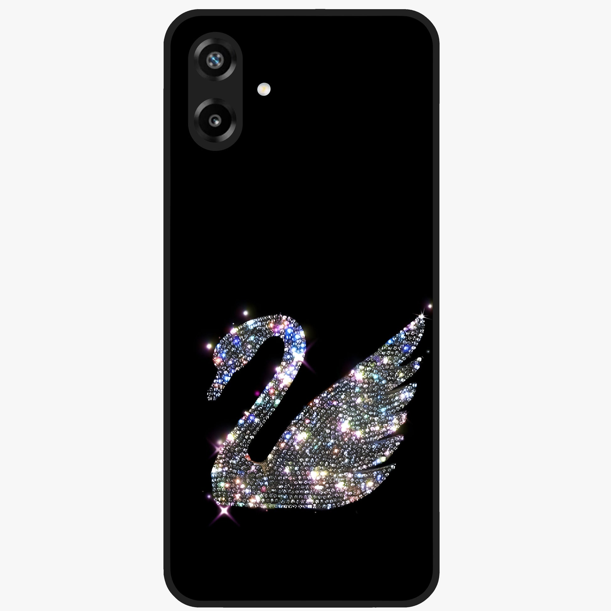 Starlit Swan Grace Glass Case showing flat back view with graceful swan artwork under starry sky and glossy glass finish.